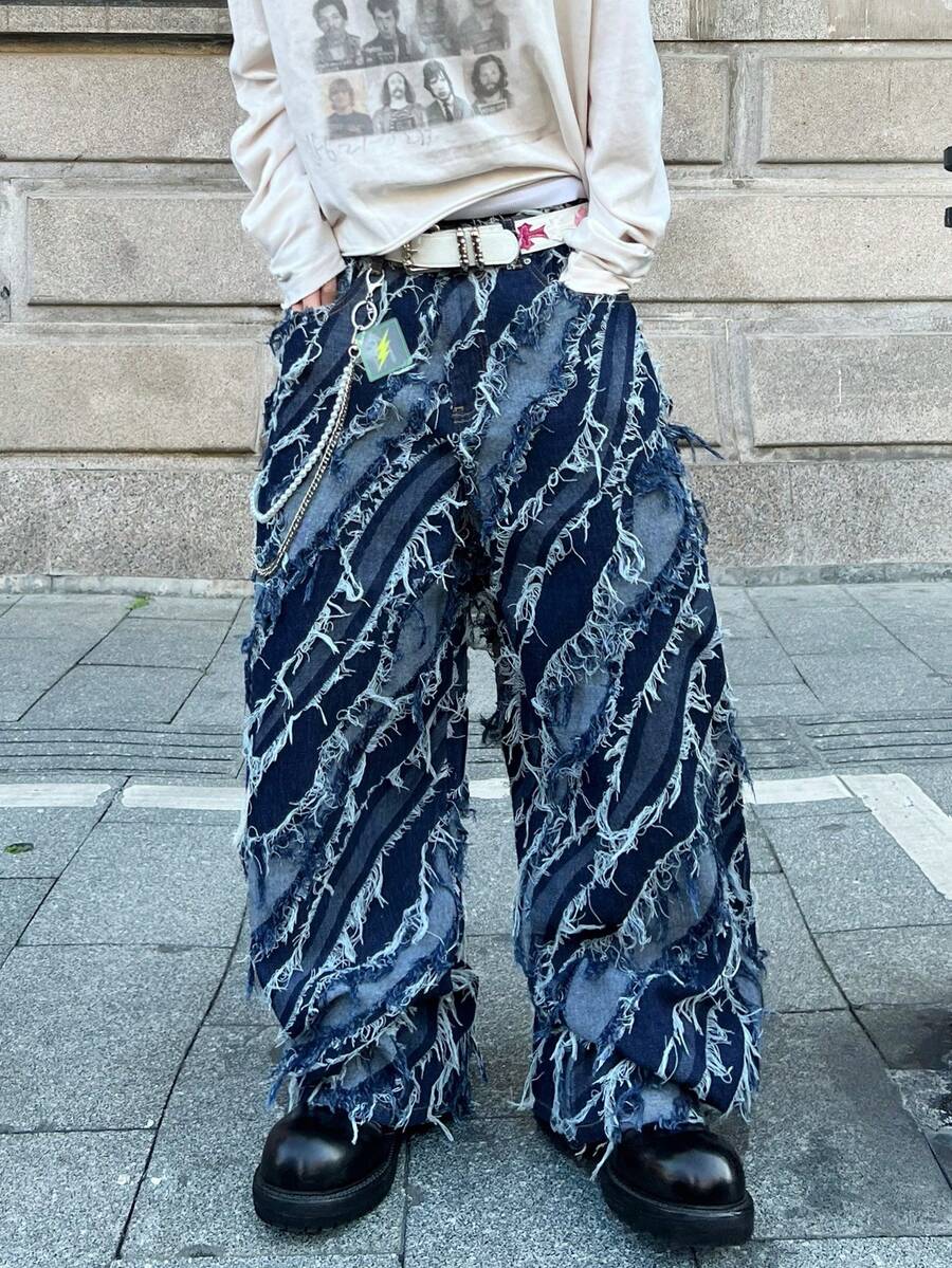 1 pieza Jeans de corte recto y ajuste holgado para hombres, estilo casual y urbano de hip hop, versátil para todas las estaciones (cinturón y accesorios no incluidos) - Azul - Ver 1