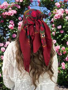 1件装女士优雅多色时尚金属印花防滑头巾，多功能头巾，适合作为节日礼物 - 酒紅色 - 查看 2