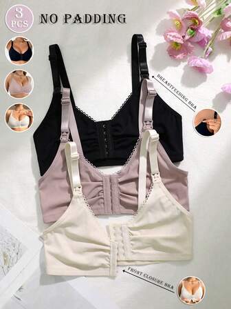 3pcs Casual - Multi-Color Comfortable Simple Knit Fabric Wireless Front Closure Nursing Bras For Women