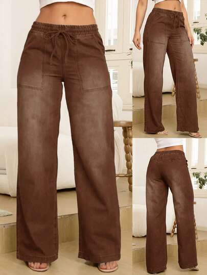 8433# Women Fashion Versatile Denim Jeans With Back Pockets & Drawstring Elastic Waist, Straight Leg Casual Spring