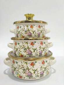 3pcs 12-16cm Thick Gold-Rimmed Enamel Mini Double-Ear Ramen Bowl/Pot/Casserole, Suitable For Gas Stove/Induction Cooker, Fit For Baby, Adult, Child, Can Be Used As Food Pot, Soup Pot, Seafood Pot, Ramen Pot, Great Helper For Valentine's Day, Ramadan, Eid Al-Fitr, Back To School, Easter Cooking