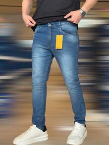 Men's Slim Fit Denim Jeans With Elastane And Lycra - 水洗藍 - 查看 2