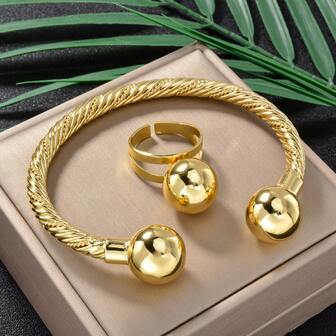 2件套简约18K镀金珠手镯戒指铜质首饰套装，适合女性日常、派对、宴会、节日等场合佩戴，质感配饰