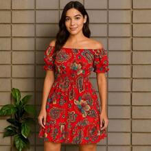 Short Dress Made From Duna Fabric With Short Sleeves. - Paisley Red - View 2