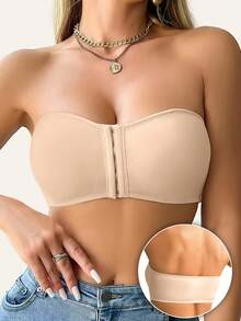 Women's Front Closure Strapless Bralette, Solid Color Seameless Wire-With Removable Pads Soft Breath Comfort Fit Non Slip Four Season Series Lingerie And Underwear - 杏色 - 查看 8