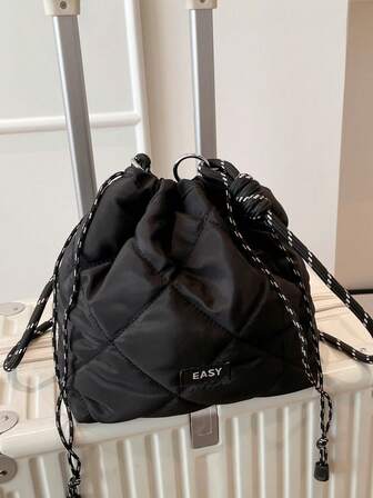 Bolso de cubo de moda para mujer, bolso de tela de nailon con bordado de rejilla de diamante, bolso ligero y casual con cordón, bolso de hombro cruzado con cuerda gruesa, bolso japonés