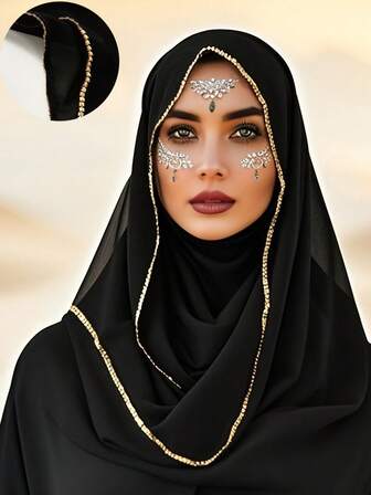 1件装女士新款闪亮链条边饰头巾，纯色优质雪纺头巾，轻盈透气，适合日常佩戴