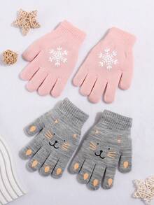 2 Pairs Kids Snowflake + Cat Face Printed Knitted Fingerless Gloves Set, Suitable For Daily Warmth And Cold Protection In Winter - Multicolor - View 2