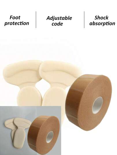 1set 1 Pair Of Apricot Colored Heel Pads With A Roll Of Circular Foot Pads T-Shaped Heel Pad, Foam 2-In-1 Heel Pad, Anti-Wear Heel Patch, Improves Shoe Slip, Adjusts Shoe Size, Half Size Insole Anti Abrasion Foam Tape, Heel Waterproof Thickened Tape, Anti Slip Foot Patch