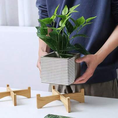 1 pieza Soporte de madera para plantas, Macetero moderno medieval, Estantería de macetas de ratán, Soporte bajo para plantas de interior - Estantería de madera rústica bohemia, Adecuado para macetas