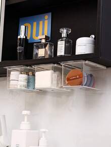 1个抽屉收纳盒，透明浴室棉签和棉垫收纳盒，拉出式浴室柜收纳盒