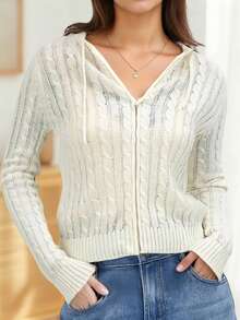 Cárdigan con capucha de punto trenzado para mujer, de unicolor, de manga larga y con cremallera, de estilo casual y elegante - lechoso - Ver 1