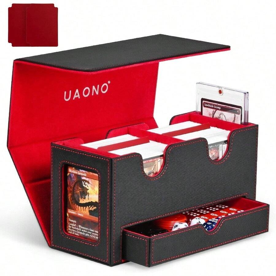 Caja para tarjetas MTG, caja de almacenamiento de tarjetas doble con 2 pantallas de comandante y bandeja de dados, se adapta a ms de 200 tarjetas de doble manga, organizador de tarjetas para tarjetas - black&Rojo - Ver 1