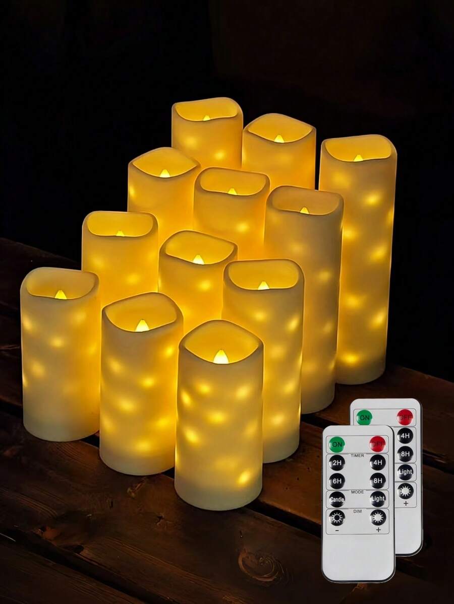 4支/12支装防水无焰户外LED蜡烛，带1/2个遥控器和定时器（尺寸：4英寸、5英寸、6英寸、7英寸高 x 2.2英寸直径），适用于节日装饰、家居装饰、婚礼、壁炉、浴室、卧室、办公室、蜡烛加热器、礼品