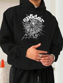 Black Hoodie With Spider Web Graphic & 'spsder' (Stylized Spider) Typo Design, Men's Casual Long Sleeve Hooded Sweatshirt, Perfect For Urban Streetwear - Lightweight, Comfortable, With Silver Ring & Watch Details VibeClassic Men's Hooded Sweatshirt Daily Wear - 黑色 - 查看 1