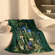 1 Piece Magic Forest Mushroom Fern And Snail Print Flannel Blanket - Soft Green Leaves With Blue/White, Hat With Purple Violets - Lightweight All-Season Bedspread, Suitable For Camping, Travel, Bohemian Decoration - 彩色 - 查看 13