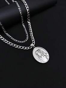 1pc Vintage Portrait Stainless Steel Necklace Round Pendant, Unique Personalized Accessory, High-End Multi-Layer Necklace For Men, Suitable As Birthday Gift For Friends - View 1