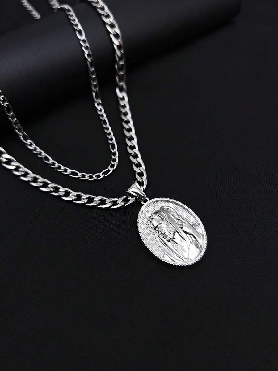 1pc Vintage Portrait Stainless Steel Necklace Round Pendant, Unique Personalized Accessory, High-End Multi-Layer Necklace For Men, Suitable As Birthday Gift For Friends - View 1