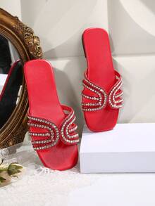 Dép lê nữ mùa hè mới, mũi vuông, kiểu dáng tối giản, hở mũi, đế bằng, đính đá thủy tinh, thích hợp đi ngoài trời hoặc đi biển. - Đỏ - Xem 6
