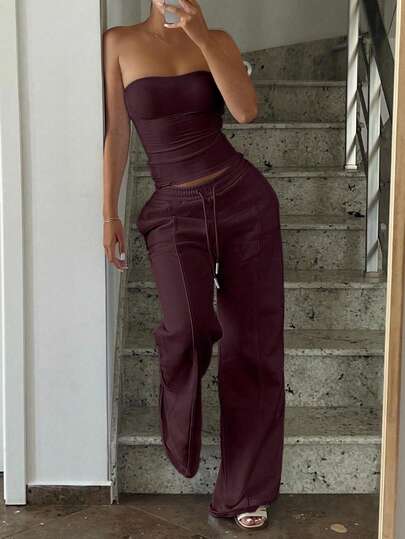 2pcs Vaiaye Autumn Outfit, Fitted Sexy Strapless Cropped Top & Elastic Solid Color Fitted Yoga Bandeau Top, Spring/Summer Pants Set