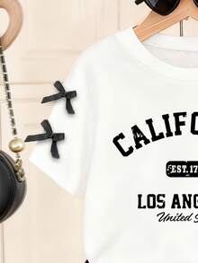 女童蝴蝶结刺绣领短袖上衣和裙子套装 - 白色 - 查看 3