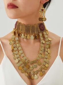 Vintage Exotic Bohemian Palace Ancient Gold Coin Multi-Layer Necklace, Hollow Alloy Exaggerated Tassel Bead Necklace, Tassel Coin Necklace, 3-Piece Set With Rhinestone Pendant Earrings - Ancient Coin Multi-layer Necklace Set - View 2