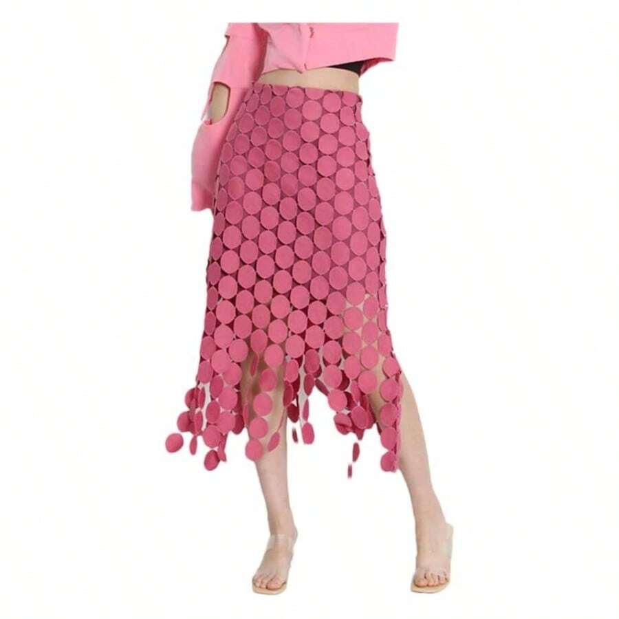 Falda irregular de verano para mujer, con bordado retro, color negro, rosa, Rosado, - inicial - Ver 1