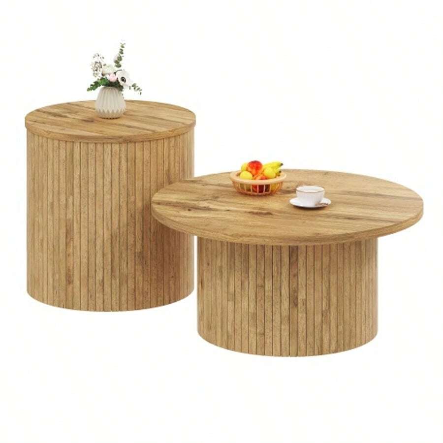 Coffee Table, Double Round Table, Side Table With Natural Wood Slats. Multifunctional Table For Living Room. - Natural Color - View 1