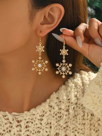 1 Pair Fashion Rhinestone Christmas Snowflake Pendant Earrings, Versatile For Women Party, Christmas, Casual Wear