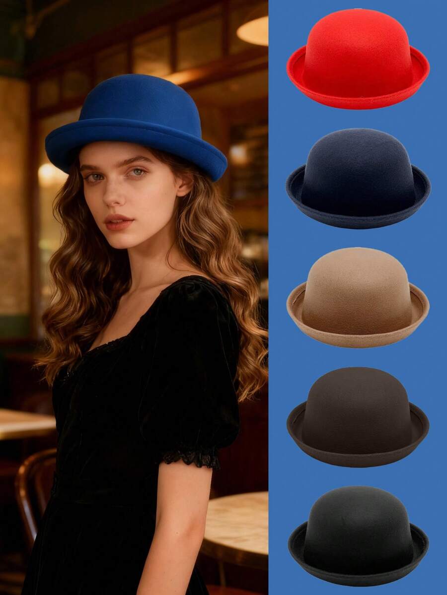 1 buah Topi Mini Bulat, Warna Polos, Kasual, Wanita, Untuk Perjalanan Sehari-hari - A - View 1