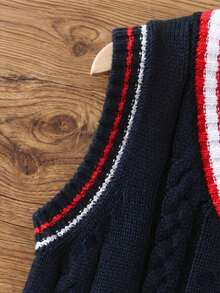 Boys' Knitted Vest, Navy Blue, V-Neck Cable Knit Cotton Sweater Vest, School Style, Suitable For Autumn And Spring Back To School