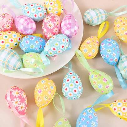 12/24 Pcs Easter Eggs Hanging Ornaments, Buffalo Plaid Daisy Hanging Decorations, Colorful Decorative Egg Baubles Ornaments, Spring Farmhouse Tree Ornaments Basket Filler