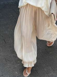 Giufajk Women's Puffy Drawstring Elastic Waist Drop Crotch Hakama Harem Wide Leg Pants Streetwear - 藕色 - 查看 2