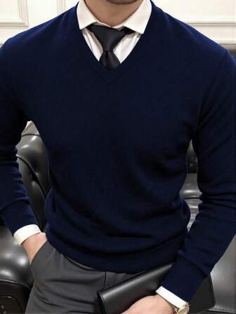 Men's Casual V-Neck Knitted Sweater Long Sleeve Top