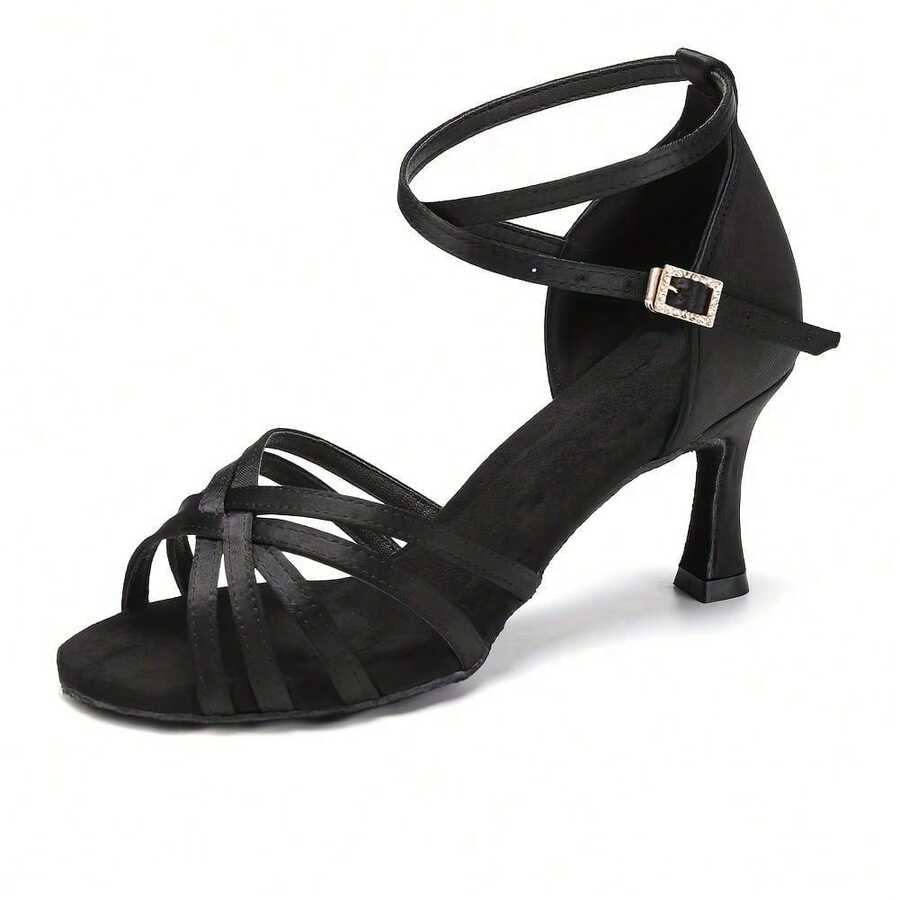 1双7厘米女士拉丁舞鞋，软底缎面材质，专业舞蹈学校表演鞋 - 黑色 - 查看 1