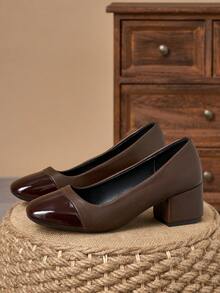 Brown Patent Two-Tone Square Toe Block Heel Pumps – 5cm - Brown - View 3