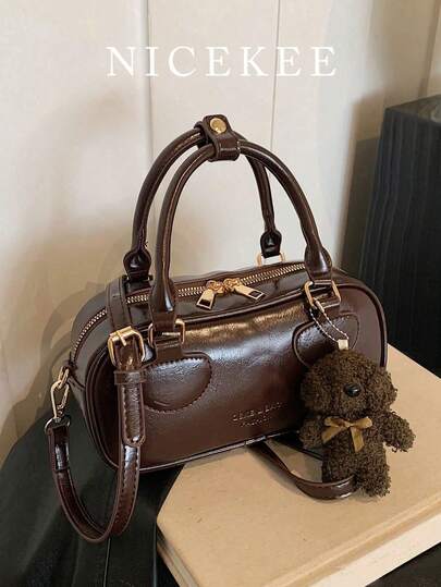 Bolso de mano de unicolor de alta calidad y estilo minimalista de moda, bolso de hombro versátil y casual con lindo colgante de perro, bolso cruzado retro y rentable para mujeres, adecuado para compras, ir al trabajo y desplazamientos