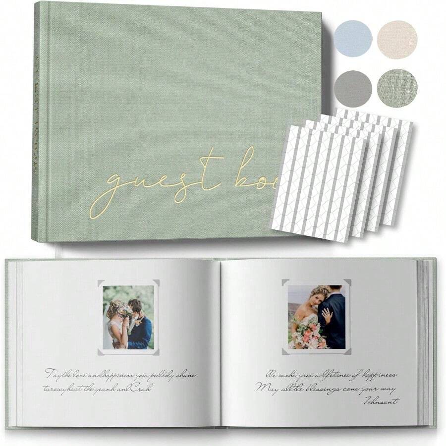 WSXC Wedding Guest Book With Table Sign And 216 Photo Corners Stickers Linen Polaroid Guest Book For Wedding Baby Shower - 100 Blank Pages Guestbook For Sign In And Photos- Sage 8 X10 - Sage - View 1