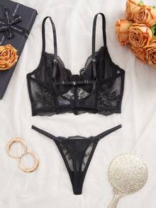 Bộ 2 đồ lót gợi cảm thêu hoa màu đen lưới vá có gọng áo ngực và quần lót lọt khe, gợi cảm khi đi chơi - màu đen - Xem 2