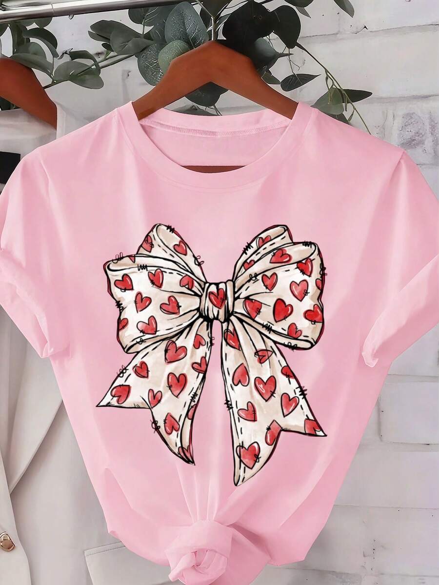 Pink Heart & Bow Cute T-Shirt, Women Casual Round Neck Short Sleeve Tee, Spring - Baby Pink - View 1
