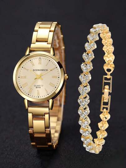 1pc Graduation Digital Small Disc Girls Steel Strap Watch And 1pc Bracelet Jewelry Set For Ladies