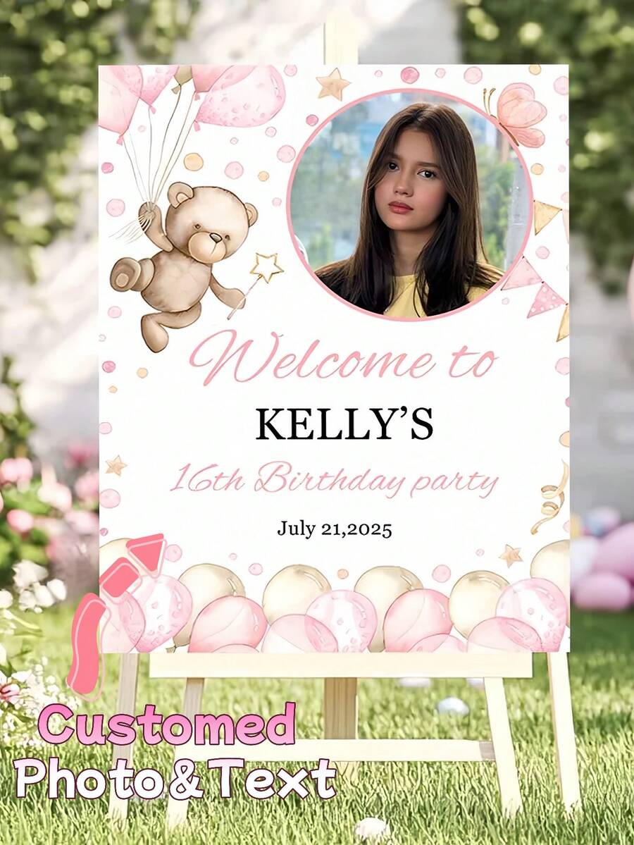 Cartel de bienvenida personalizado con oso de peluche rosa - Personalizado con nombre/texto y foto, decoración de fiesta de cumpleaños, incluye globos rosas y tablero para mostrar la edad, pancarta de plástico resistente para interior/exterior - Multicolor - Ver 1