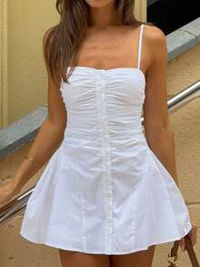 女士白色褶皱迷你连衣裙 | 吊带心形领口前扣荷叶边下摆夏季派对连衣裙 - 白色 - 查看 9