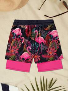 Men's Tropical Plant Print Elastic Waist Drawstring Pocket Casual Summer Double Layer Beach Shorts - Multicolor - View 3