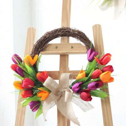 Artificial Tulip Wreath For Front Door Bow Faux Flower Hanging Decorations For Home Holiday Party