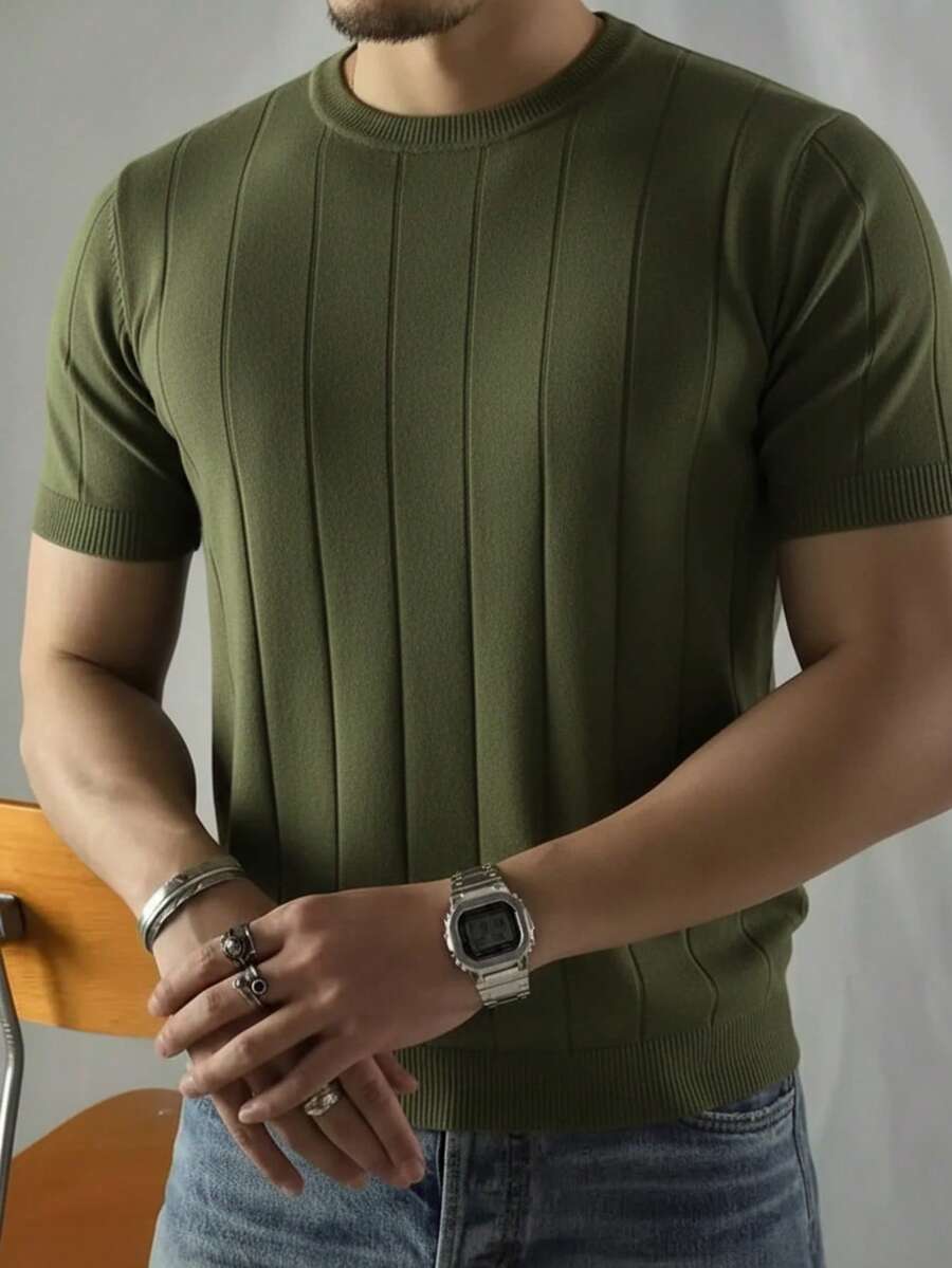 1件罗纹短袖圆领T恤，新款春夏男士针织上衣 - 軍綠色 - 查看 1