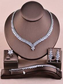 CORUIXI 1pc Women's V-Shape Zirconia Necklace Set, Luxury Fashion Silver Jewelry 4pcs Accessory Suitable For Wedding Party Prom Gift - Silver - View 16