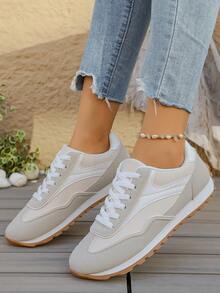 Pantofi sport casual cu talpă groasă pentru femei, design nou cu blocuri de culoare, pantofi de alergare la modă cu șireturi, potriviți pentru purtare zilnică, mers pe jos, alergare, naveta, skateboarding pentru studenți - Bej - Vizualizare 6