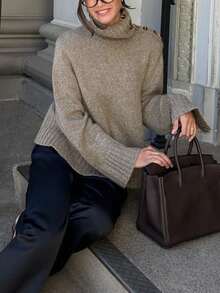 Women's Solid-Color Tops, Long-Sleeved Button Detail Pullover Sweater, Casual Streetwear, Popular In Autumn And Winter, Versatile For All Occasions, Work,Thanksgiving,Christmas Sweater