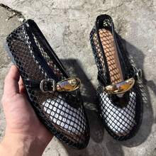 2025 Summer New Round Toe Fishnet Hollow Ballet Shoes Fashion Flat Shoes High-End Feel - Khóa màu đen - Xem 2